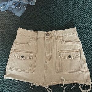 Tan Frayed Hem Denim Skirt